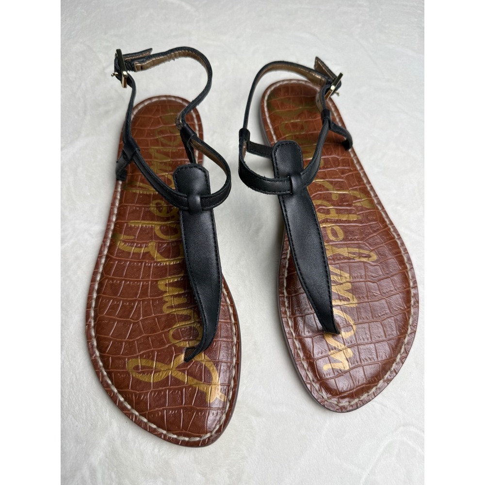 Sam Edelman Gigi Black Leather Thong Ankle Strap Sandals Brown Croc Flat 6M